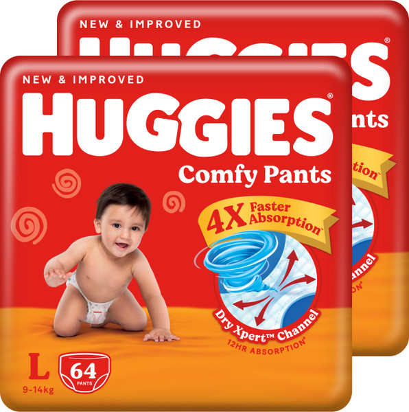 Huggies Comfy Baby Diaper Pants, Upto 50% Faster Absorption (64 X 2) - L