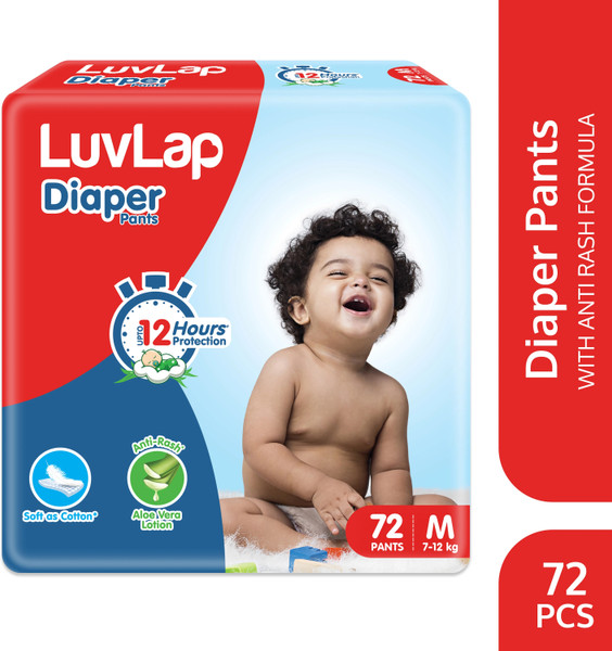 LuvLap Diaper Pants Medium (MD) 7 to 12Kg, 72 Count, Baby Diaper Pants, with Aloe Vera Lotion for rash protection, with upto 12 Hour protection - M