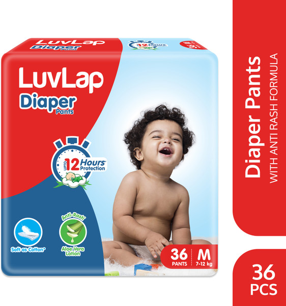 LuvLap Diaper Pants Medium (MD) 7 to 12Kg, 36 Count, Baby Diaper Pants, with Aloe Vera Lotion for rash protection, with upto 12 Hour protection - M
