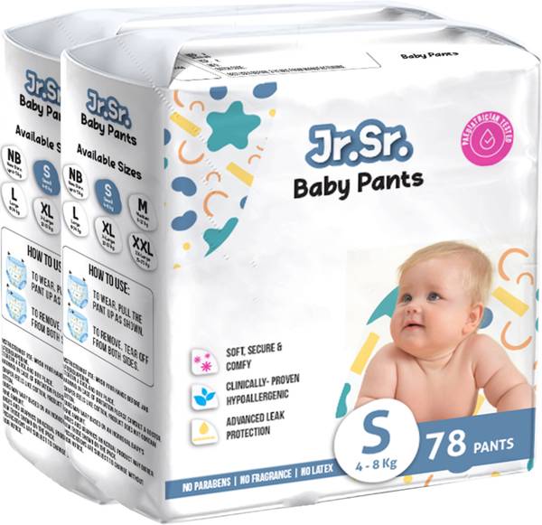 Jr. Sr. baby diaper| Small | 4-8 Kg | 156 Counts | Pack of 2 - S