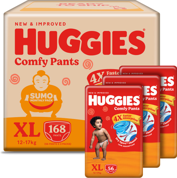 Huggies Comfy Baby Diaper Pants, Upto 50% Faster Absorption (56 X 3) - XL