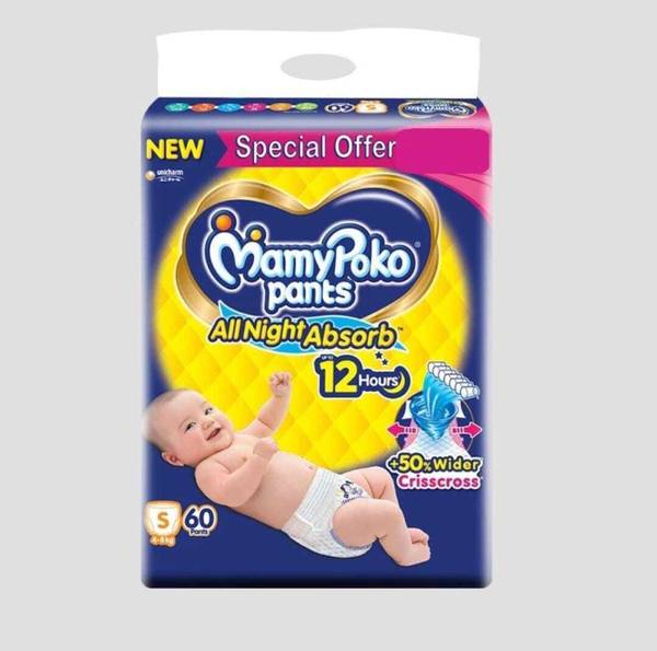 MAMY POKO PANTS MamyPoko Pants All Night Absorb Baby Diapers, Small (S), 60 Count, 4-8 kg - S