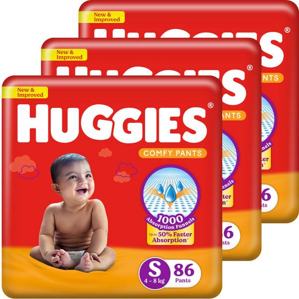Huggies Comfy Baby Diaper Pants, Upto 50% Faster Absorption (86 X 3) - S