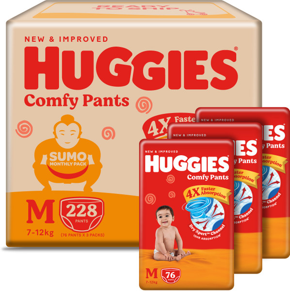 Huggies Comfy Baby Diaper Pants, Upto 50% Faster Absorption (76 X 3) - M
