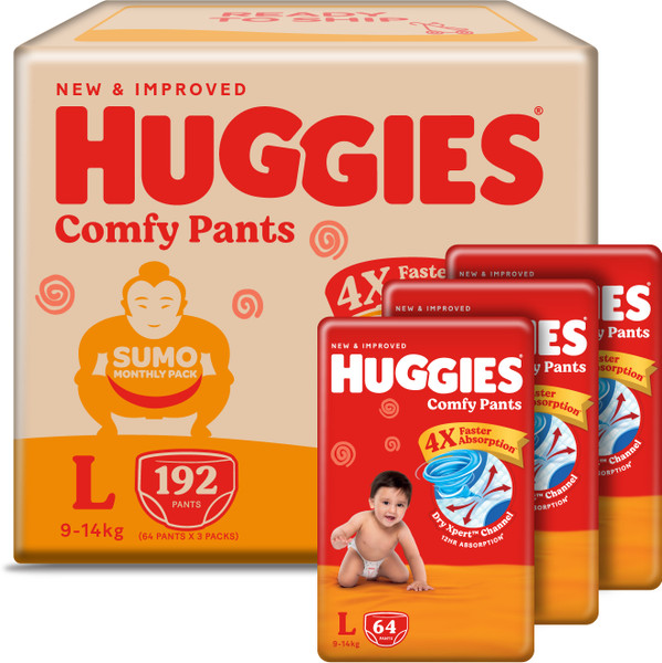 Huggies Comfy Baby Diaper Pants, Upto 50% Faster Absorption (64 X 3) - L
