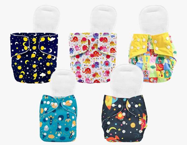 Lissa Care Cloth Diapers for Babies|Reusable|Printed-Assorted Colours-(5 Diapers+5 Inserts) - M - L