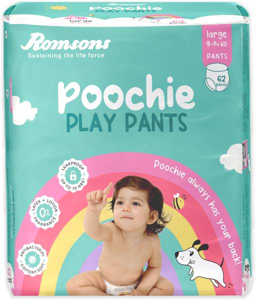 Romsons Poochie Play Baby Diaper Pants| 9-14 Kg | Wetness Indicator | Cottony Soft - L