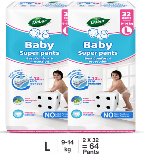 Dabur Baby Super Pants | Diaper Infused with Aloe Vera, Shea Butter & Vitamin E | Insta-Absorb Technology - L
