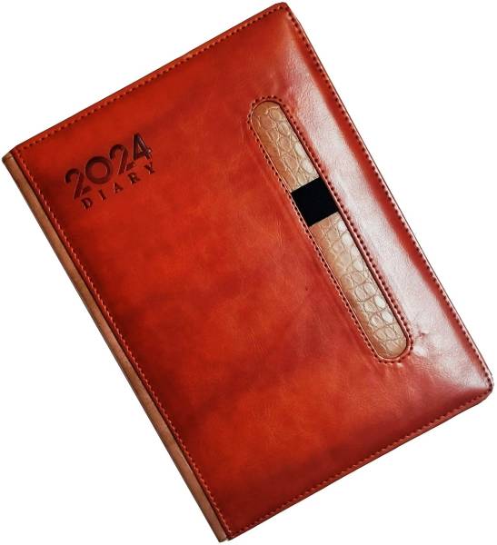 Excel 2024 Leather Executive Diary Planner ,Month Cut with Sunday full page Regular Diary with Pen Holder Ruled 365 Pages