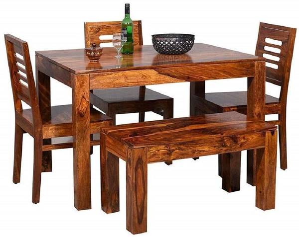 MAHIMART AND HANDICRAFTS Sheesham Wood Dining Table Set with 3 Chairs +1 Bench | Dining Room Furniture (Dark Honey Finish) Solid Wood 4 Seater Dining ...