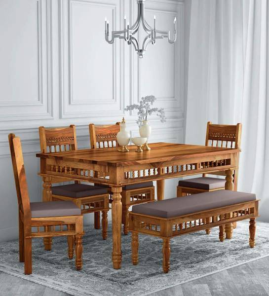 FURNISQUARE Sheesham Wood 6 Seater Dining Table with 4 Cushion Chairs ...