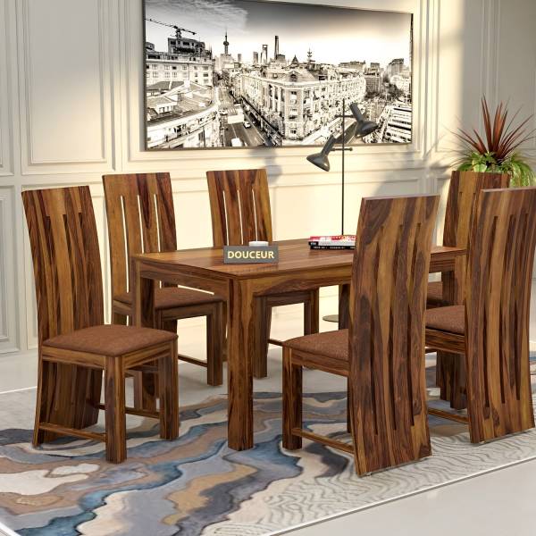 Douceur Furnitures Solid Sheesham Wood Six Seater Dining Set For Dining Room , Restaurant . Solid Wood 6 Seater Dining Set