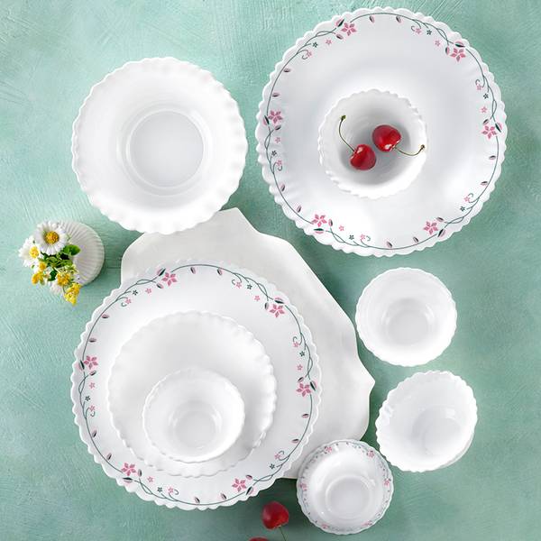 Larah by Borosil Pack of 34 Opalware Galaxy Series Garland Dinnerset for Family of 6, Crockery for Dining & Gifting Dinner Set