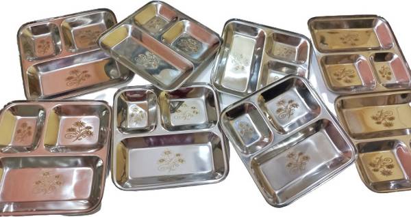 Jai Mai Trading Pack of 8 Stainless Steel Pav Bhaji Plates: 3in1 Laser Print Plates Compartments Extra Deep Mess Tray Dinner Set