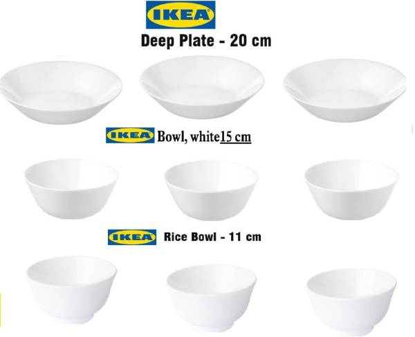IKEA Pack of 9 Opalware Digital Shoppy Deep Plate (3pc),Bowl 15 Cm (3pc) and Rice Bowl 11 cm (3pc) Dinner Set