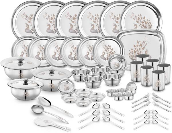 Classic Essentials Pack of 64 Stainless Steel Dinner Set|Serves 6 People|Heavy Gauge|Kitchen Set|Permanent Laser-Peacock Dinner Set