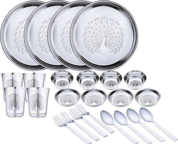 LIMETRO STEEL Pack of 24 Stainless Steel Laser Printed Peacock Design (Serves 4) Dinner Set