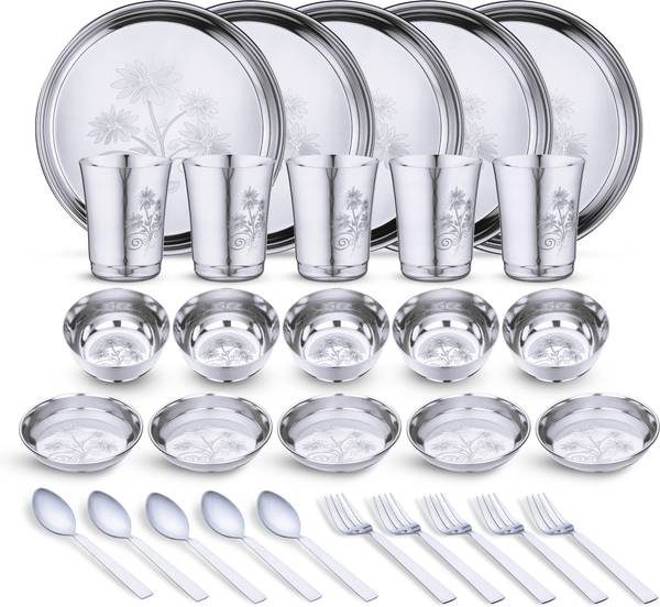 LIMETRO STEEL Pack of 30 Stainless Steel Laser Printed Flawer Design (Serves 5) Dinner Set