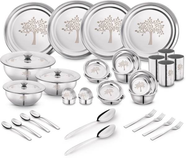Classic Essentials Pack of 36 Stainless Steel Dinner Set|Serves 4 People|Heavy Gauge|Kitchen Set|Permanent Laser-Vriksha Dinner Set