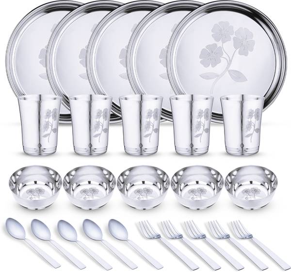 LIMETRO STEEL Pack of 25 Stainless Steel Laser Printed Flawer Design (Serves 5) Dinner Set
