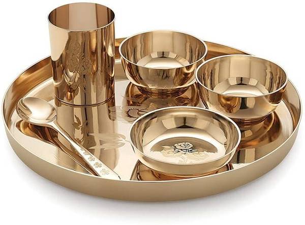 UTENSIL VILLA Pack of 6 Bronze Pure Kansa Dinner Thali Set of 6 pcs, flower Design 12 Inch Weight-1600g Dinner Set