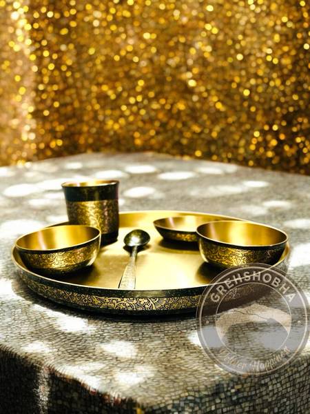 Grehshobha Pack of 6 Bronze Premium 6-Piece Kansa Dinner Set | Black Granite Finish Bronze 12-Inch Thali Set Dinner Set