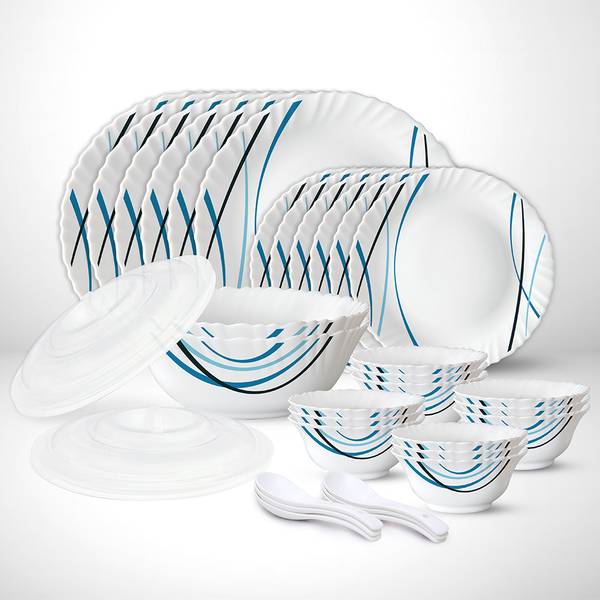 Larah by Borosil Pack of 34 Opalware Galaxy Series Merlin 34 pcs Dinnerset, Opalware Crockery For Dining & Gifting Dinner Set