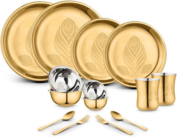 Classic Essentials Pack of 14 Stainless Steel Divine Dinner Set, High Grade PVD Coating with Permanent Laser Design Dinner Set