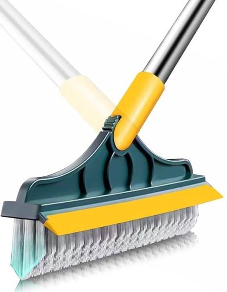 WAZZL 2 in 1 Bathroom Floor Cleaning Brush with Wiper Long Handle 120Rotate Plastic Wet and Dry Brush
