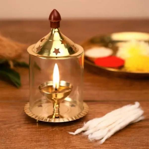 ZUNISHOP Brass Akhand Diya with Glass Cover/Akhand Diya/Jyoti Diya/Oil Puja Lamp/ Brass, Glass Table Diya