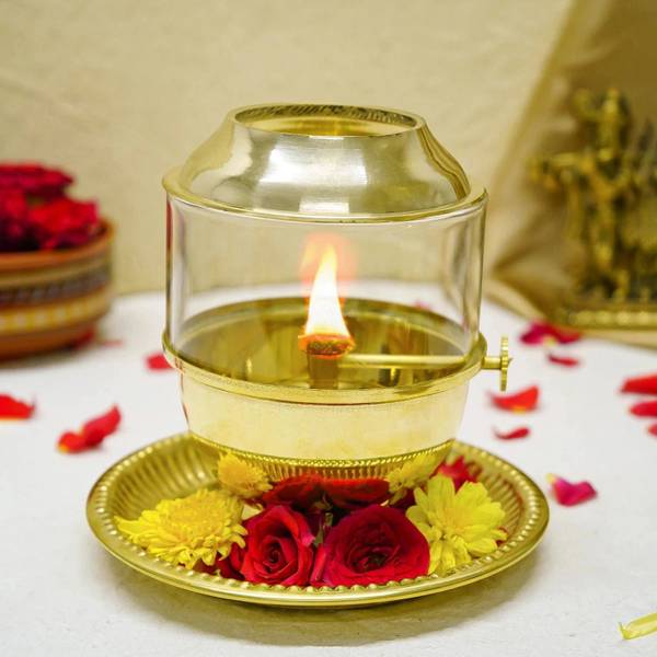 Ekhasa 100% Pure Brass Akhand Jyot Diya with Plate, Adjustable Bati Knob 250ml Oil Diya Brass, Glass Table Diya
