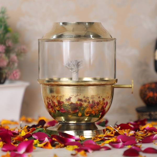BSFA Adjustable Akhand Deep, Capacity 250ml 48-Hour Burn Time for Prayer & Meditation Brass, Borosilicate Glass Table Diya