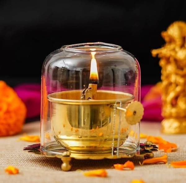 WEBELKART Designer Akhand Diya for Home and Puja room Iron, Glass Table Diya