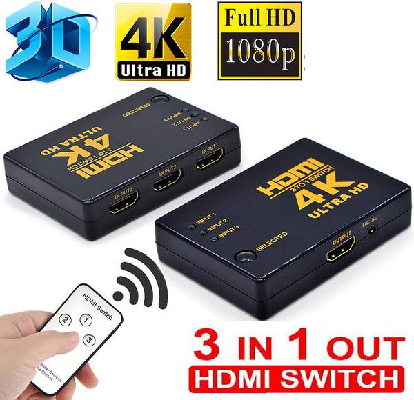 BALRAMA TV-out Cable 3 Way HDMI Switch 3x1 with Remote Control 3 Port HDMI Splitter 3 Port IN 1 OUT