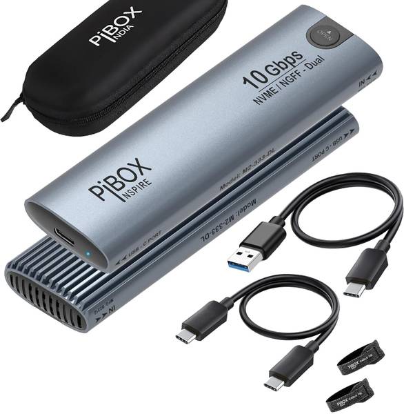 pibox india NVME/NGFF: M2-333-DL NVMe/NGFF SATA M2 Enclosure: Dual Protocol, USB 3.2 10Gbps, Tool-Free M.2 Case PCI-E NVMe Reader, USB-C