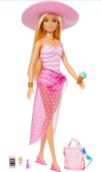 BARBIE BLONDE DOLL WITH PINK&WHITE SWIMSUIT,SUN HAT,TOTE BAG&BEACH-THEMED ACCESSORIES
