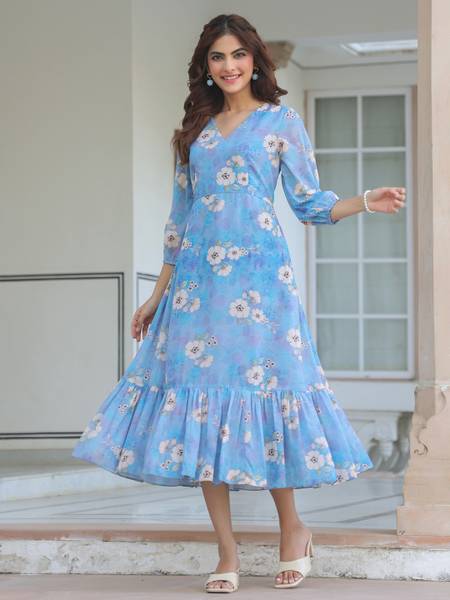 Janasya Women A-line Blue Midi/Calf Length Dress