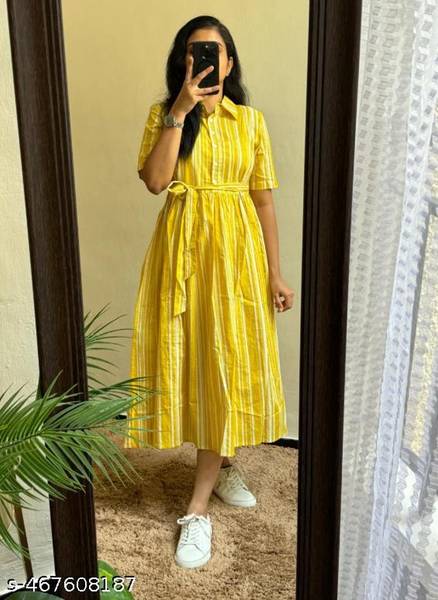 Assamica Women Fit and Flare Yellow Midi/Calf Length Dress