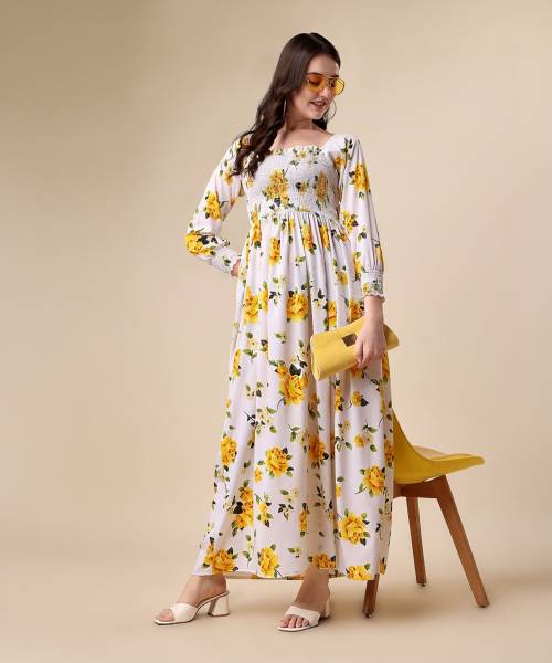 Honky Tonky Women Fit and Flare White, Yellow, Dark Green Maxi/Full Length Dress