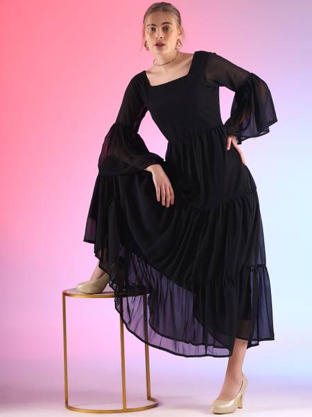 Honky Tonky Women Fit and Flare Black Maxi/Full Length Dress