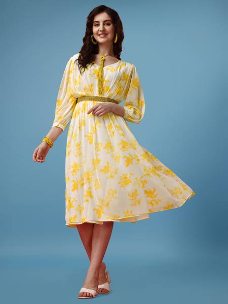 RoyalFul Women Fit and Flare Yellow, White Knee Length Dress