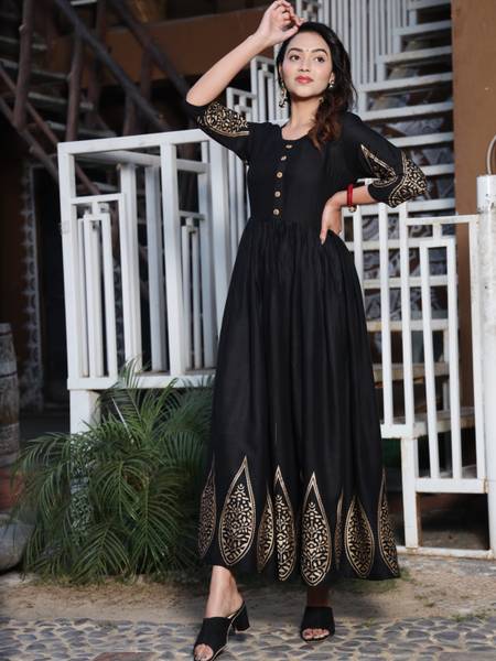 AASHLEY Women Fit and Flare Dark Blue, Gold Maxi/Full Length Dress