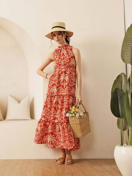STREET9 Women Fit and Flare Orange Below Knee Dress