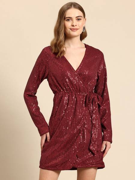 Mast & Harbour Women Wrap Maroon Above Knee/Mid Thigh Length Dress