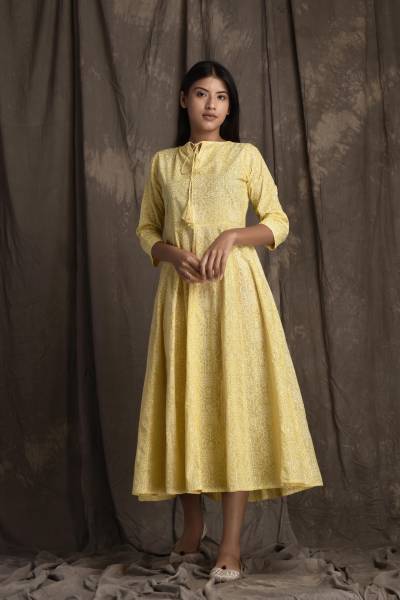 mokshi Women A-line Yellow, White Dress