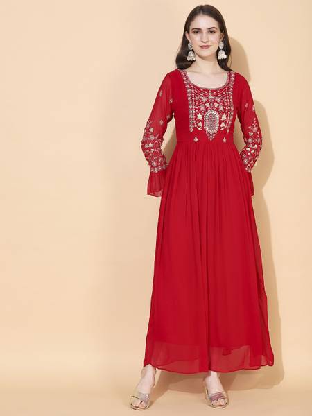 Fashor Women Maxi Red, White Full Length Dress