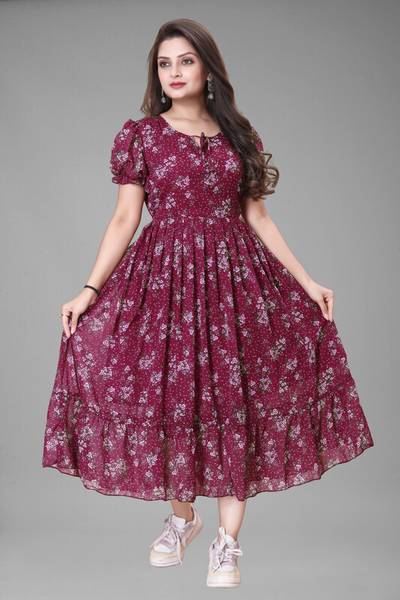 Maruti Nandan Impex Women Maxi Maroon Full Length Dress