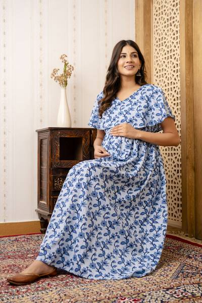 Nayo Women Ethnic Dress Blue, White Maxi/Full Length Dress