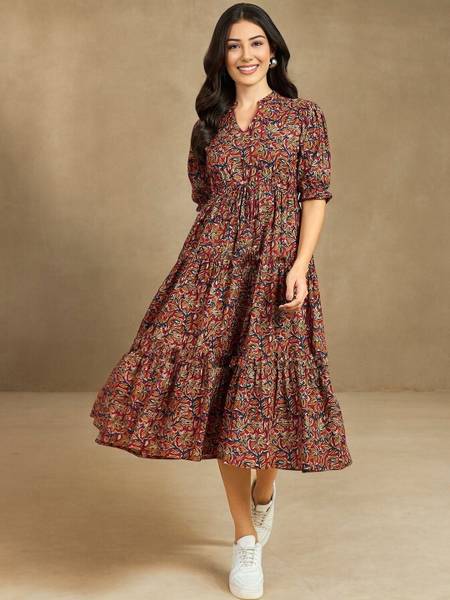 Presha Women Fit and Flare Maroon Midi/Calf Length Dress