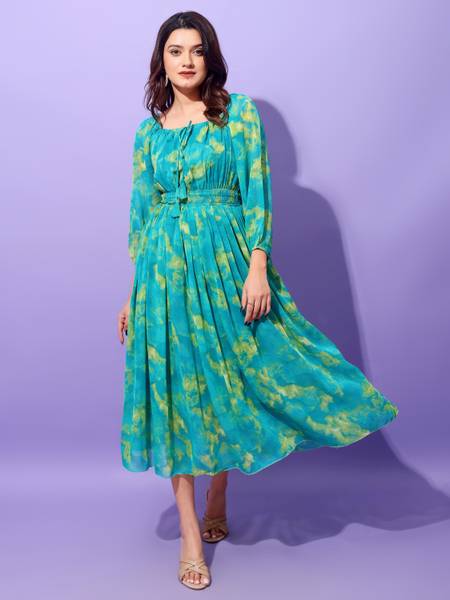 Attire Empire Women Fit and Flare Blue Maxi/Full Length Dress